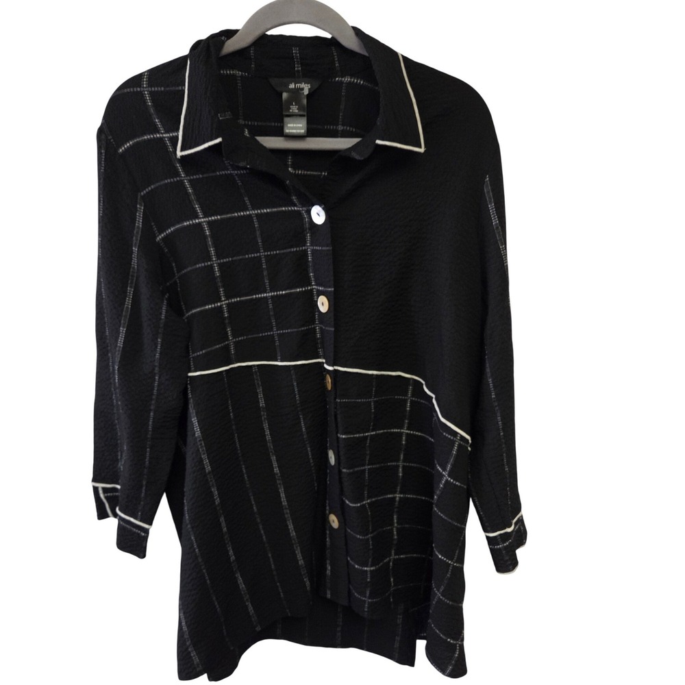Ali Miles Black‎ Plaid Textured Button Down Shirt Women's Size L